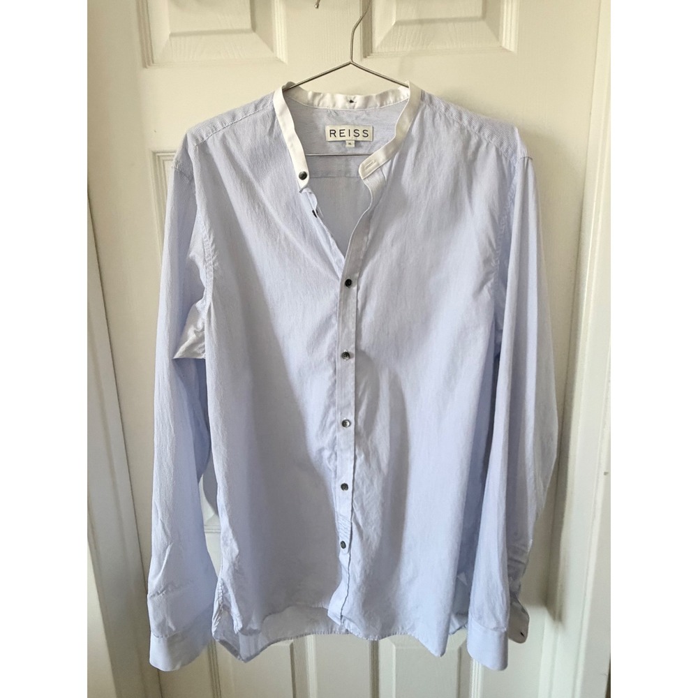 Reiss Womens Blue White Micro Stripe Mandarin Collar Button Down Shirt XL